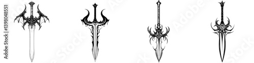 Intricate hand-drawn vector swords featuring unique designs with fantasy elements and detailed engravings
