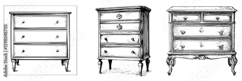 Vector hand-drawn illustrations of vintage chest of drawers showcasing different styles and designs from various angles