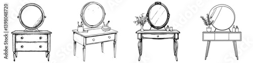 Vintage vector hand drawn dressing tables with mirrors showcasing elegant designs and intricate details