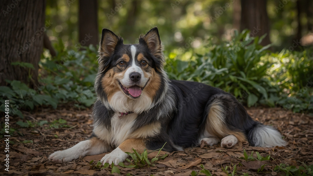 Happy dog lying on forest floor in nature Happy dog lying on forest floor in nature