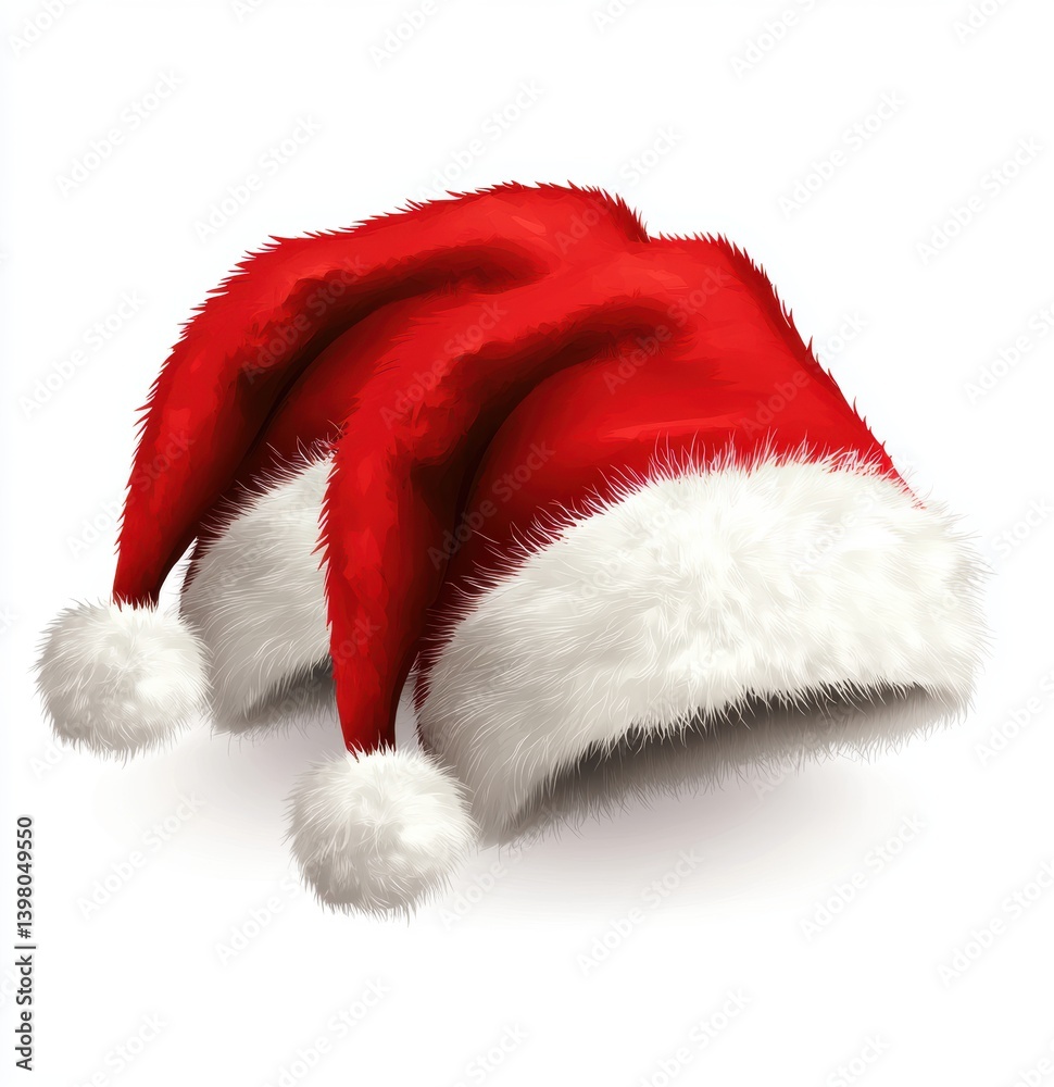 Festive Trio: Three vibrant red Santa hats are artfully arranged, each adorned with a fluffy white brim and pompom, ready to usher in the holiday spirit.