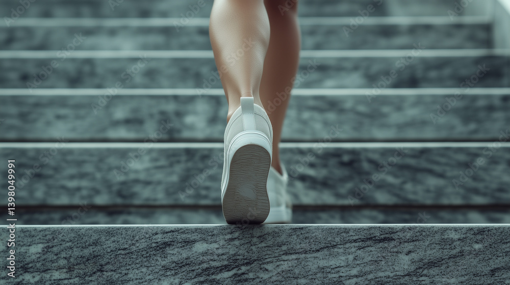 Back Foot Stepping Up Gray Marble Stairs in Casual Shoes Back Foot Stepping Up Gray Marble Stairs in Casual Shoes