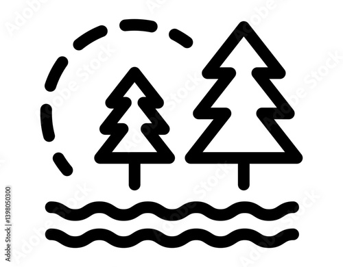 Icon of a forest landscape with trees water and sun symbolizing natural environment or wilderness.