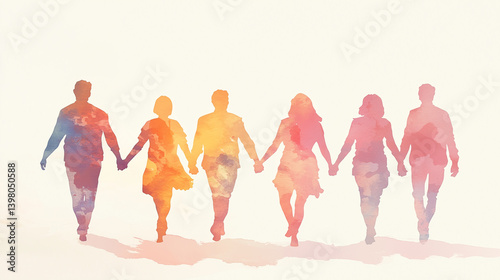 Wallpaper Mural Watercolor Artwork of People Walking Together, Holding Hands Torontodigital.ca