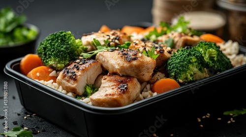 A stylish black meal box filled with grilled chicken, broccoli, and carrots, showcasing a healthy, visually appealing dish ideal for fitness enthusiasts and meal prep lovers. photo