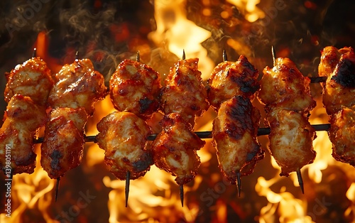 Grilled chicken on a skewer, with fire and flames, multiple pieces of chicken on the skewer