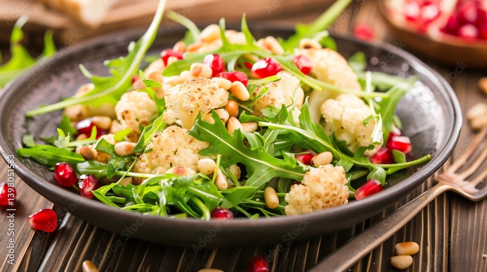Vegan roasted cauliflower tahini salad with pomegranate arils arugula and toasted pine nuts Vegan roasted cauliflower tahini salad with pomegranate arils arugula and toasted pine nuts