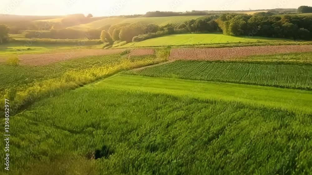 Aerial view of vibrant green and pink farm fields at sunset, concept for agriculture, farming, and environmental conservation projects