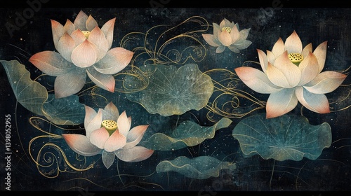 An ethereal design of intertwined lotus petals and divine symbols, glowing softly against a dark background