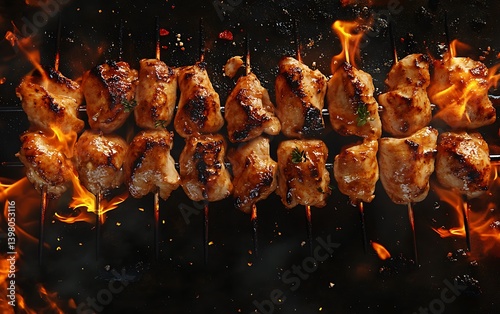 Grilled chicken on a skewer, with fire and flames, multiple pieces of chicken on the skewer
