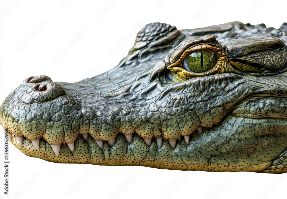 Obraz premium The Alligator's Gaze: The intimidating head of an alligator, with piercing green eyes, sharp teeth, and rugged skin, captures a sense of wild power and primal survival.