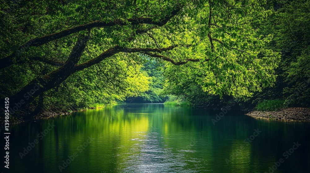 Lush green forest river tranquility; scenic kayaking background Lush green forest river tranquility; scenic kayaking background