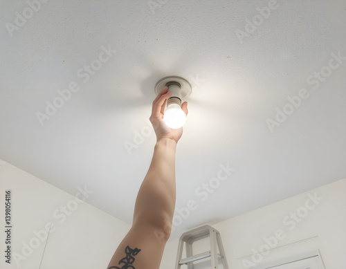 Person Reaching to Change Ceiling Bulb Using Aluminum Ladder