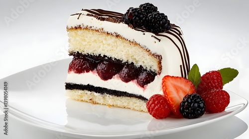 Slice of Creamy Cake with Berries and Chocolate Drizzle on White Plate