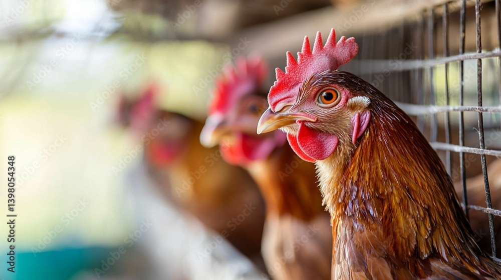 Close-up of Chickens in Farm Animal Habitat Environment