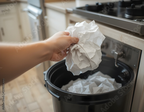 Arm and Hand Tossing Used Paper into Trash Bin beside Kitchen Counter