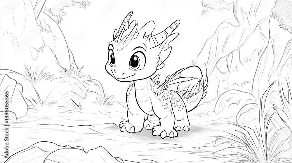 Fototapeta premium A cute cartoon dragon with big eyes and a friendly expression, standing in a whimsical landscape filled with rocks and greenery.