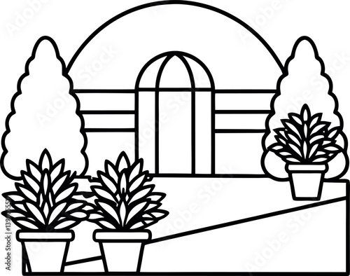Black Outline Garden Landscape with Archway, Topiary Trees, and Potted Plants