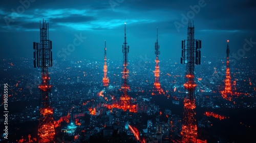 Night cityscape with illuminated communication towers