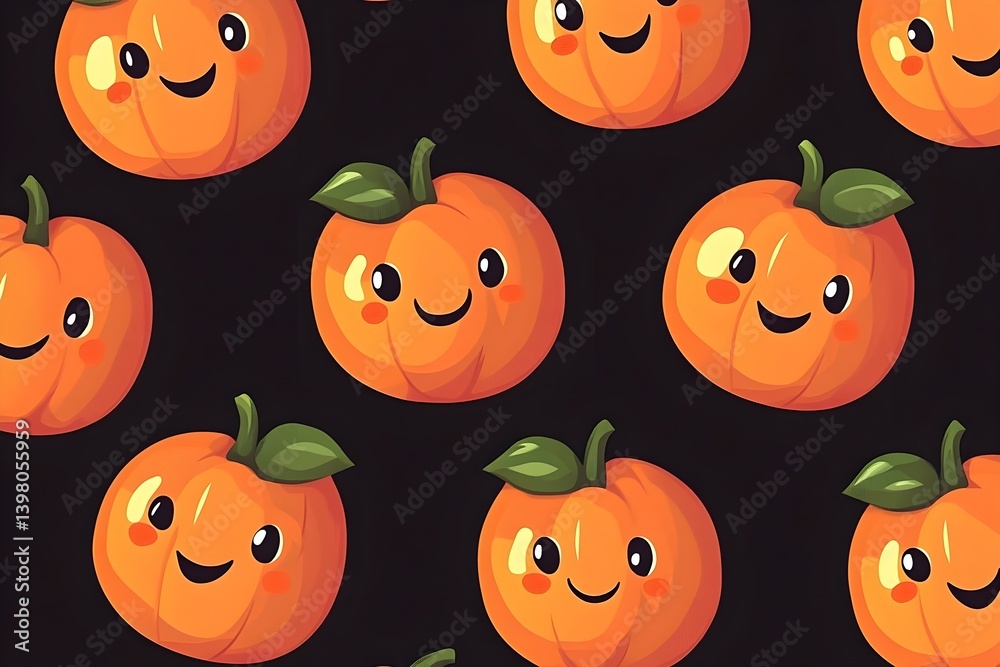 A pattern of cute, smiling pumpkins. Simple vector illustration with a black background. A pattern of cute, smiling pumpkins. Simple vector illustration with a black background.