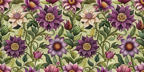 Colorful floral pattern featuring large purple and cream flowers on a soft green background.