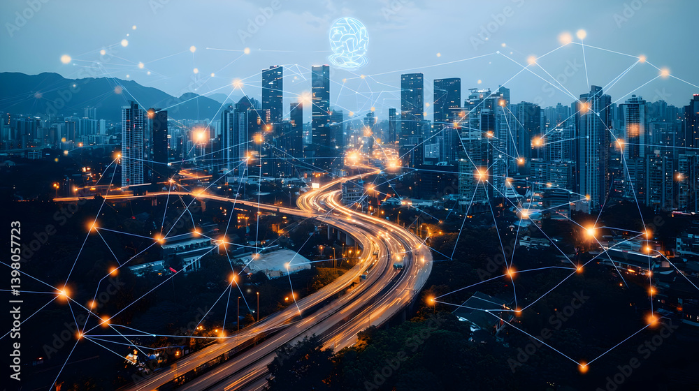 Fototapeta premium Aerial View Of Illuminated City At Night With Highway And Abstract Network