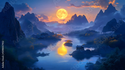 A serene landscape featuring a river, mountains, and a full moon at dusk