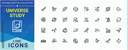 Universe Study icon set. Contains related to universe, planet, cosmos, asteroid, space and more. Astronomy linear icon. Minimal icons collection. Editable vector.