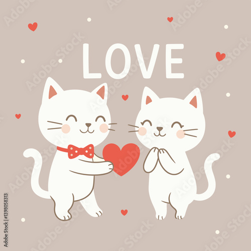 Cute cartoon of two white cats in love, one giving a red heart to the other with the word “LOVE” – romantic illustration for Valentine’s Day, greeting cards, love messages, and kawaii designs