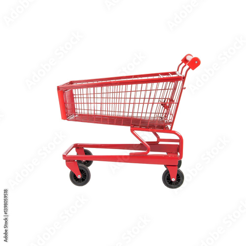 vibrant red shopping cart with metal frame and four wheels, designed for easy maneuverability in retail environments. cart bright color adds cheerful touch to shopping experiences