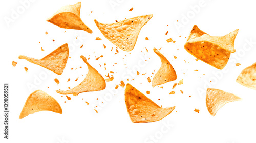 Delicious Floating Mexican Nachos Chips on Clean White Background for Culinary Design