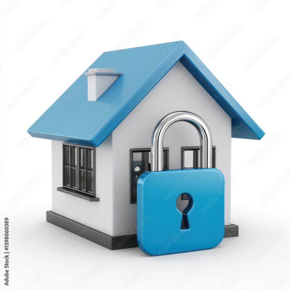 Miniature house with blue roof and padlock in front of the house isolated on white background Miniature house with blue roof and padlock in front of the house isolated on white background