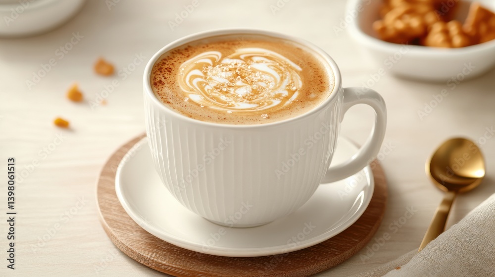 A steaming cup of coffee with a beautiful swirl pattern on top, set on a wooden coaster, evoking warmth and comfort A steaming cup of coffee with a beautiful swirl pattern on top, set on a wooden coaster, evoking warmth and comfort