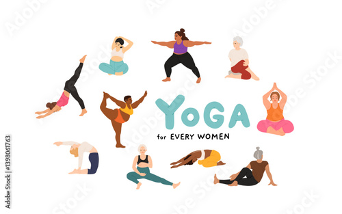 The concept of diverse women doing yoga, gymnastics, stretching at home or in the gym. People of different physique, physical capabilities, appearance. Every person is an athlete. Vector flat cartoon.