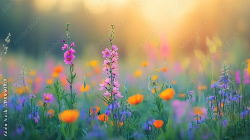 Fototapeta premium A vibrant field of wildflowers in various colors, bathed in soft sunlight, creating a dreamy and serene atmosphere.