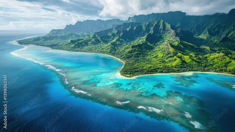 Fototapeta premium Aerial shot of a lush tropical island with vibrant turquoise water and mountains