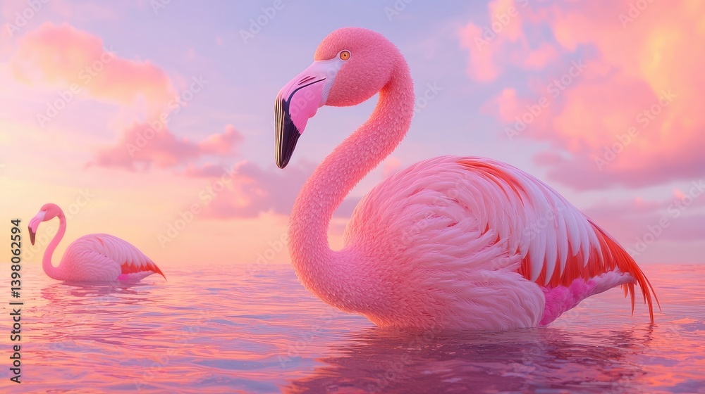 Fototapeta premium Two pink flamingos in a serene sunset