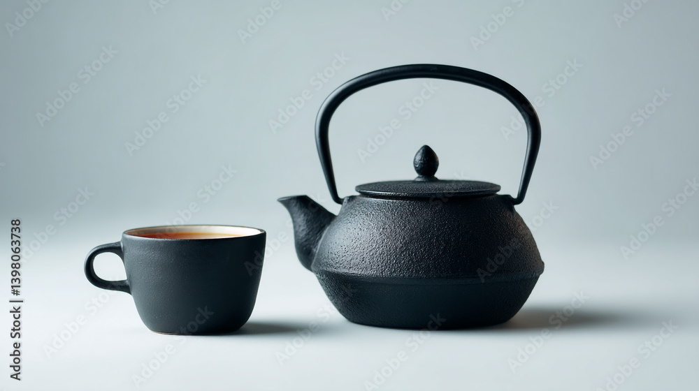 A black cast iron teapot with a black cup next to it on a white surface against a light gray background A black cast iron teapot with a black cup next to it on a white surface against a light gray background
