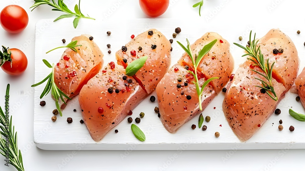 Fresh Raw Chicken Breast Fillets Seasoned with Spices and Surrounded by Cherry Tomatoes Fresh Raw Chicken Breast Fillets Seasoned with Spices and Surrounded by Cherry Tomatoes