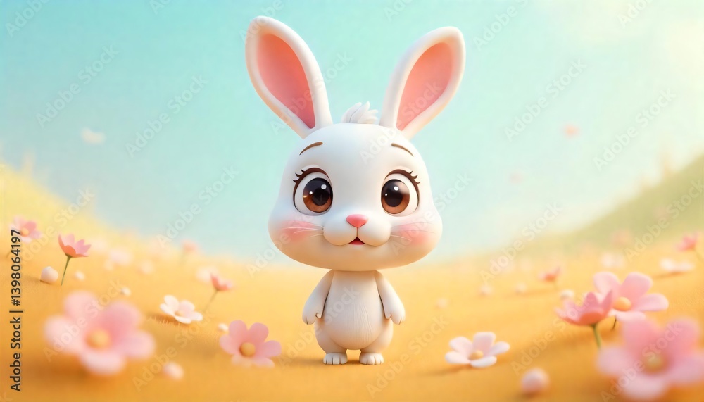 Fototapeta premium Adorable 3D Rendered Baby Bunny in a Flower Field Cute Easter Rabbit Illustration
