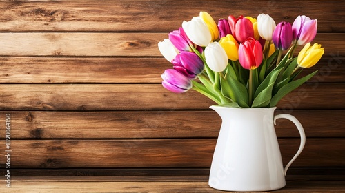 Colorful tulips in a white pitcher against a wooden background