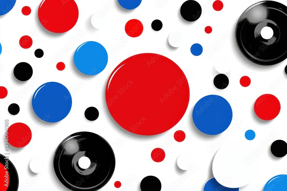 A Bright and colorful abstract pattern featuring various circles in red, blue, black, and white on clean background, creating playful and dynamic visual effect