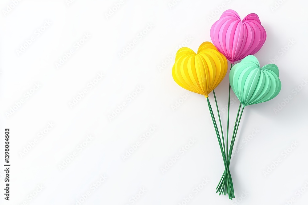 A Colorful heart shaped balloons pink, yellow, and green are arranged together, creating cheerful and festive atmosphere. These vibrant decorations are perfect for celebrations and special occasions