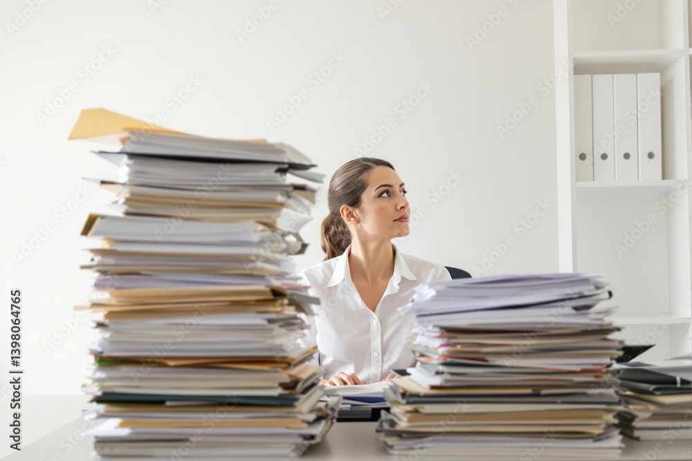 Secretary sits at the desk, white blouse, looks desperate and overwhelmed to the side,in front of her are large batches of files Secretary sits at the desk, white blouse, looks desperate and overwhelmed to the side,in front of her are large batches of files