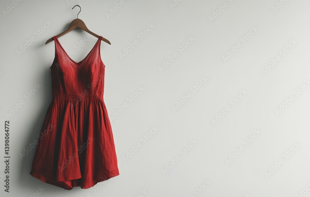 Crimson Elegance: A striking red dress hangs gracefully, its vivid color contrasting against a pristine background, evoking a sense of sophistication and allure.