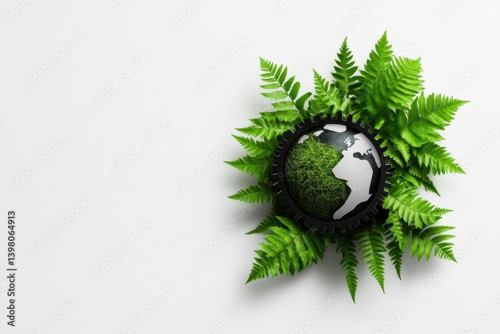 A creative representation of Earth surrounded by lush green ferns, symbolizing sustainability and environmental awareness. image conveys sense of harmony with nature
