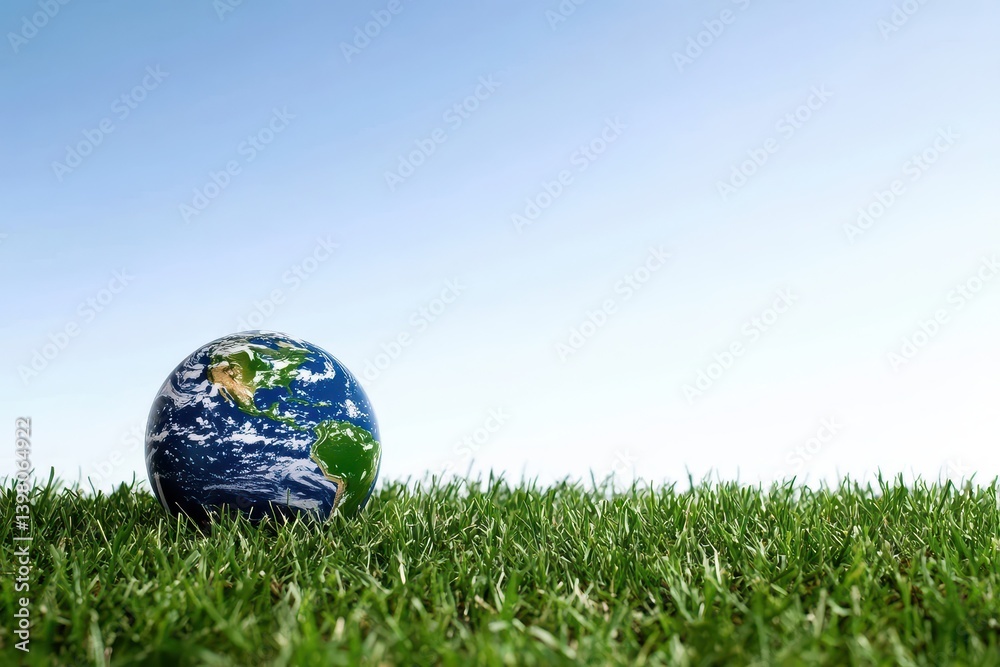 A globe resting on lush green grass under clear blue sky, symbolizing environmental awareness and sustainability. image evokes sense of harmony between nature and planet
