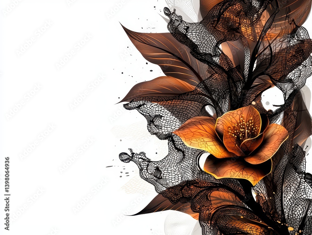 An elegant illustration featuring beautiful orange flower intertwined with intricate black lace and flowing leaves, creating stunning visual contrast. design evokes sense of sophistication