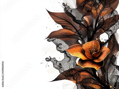 Obraz na płótnie An elegant illustration featuring beautiful orange flower intertwined with intricate black lace and flowing leaves, creating stunning visual contrast. design evokes sense of sophistication w salonie