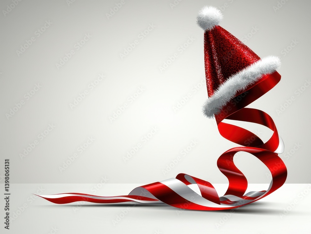 A festive red Christmas hat adorned with white fur sits atop spiraling ribbon, creating joyful and celebratory atmosphere perfect for holiday decorations